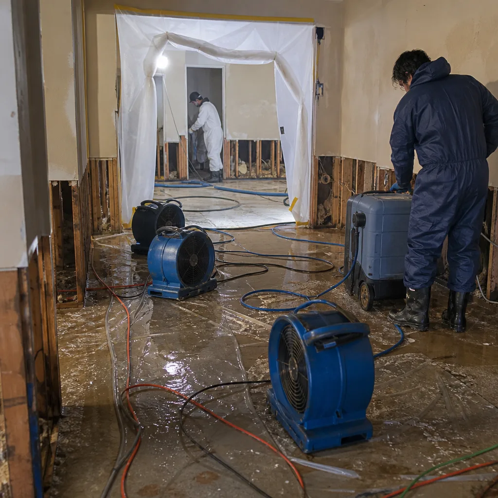 Technicians using industrial drying equipment for professional water damage restoration