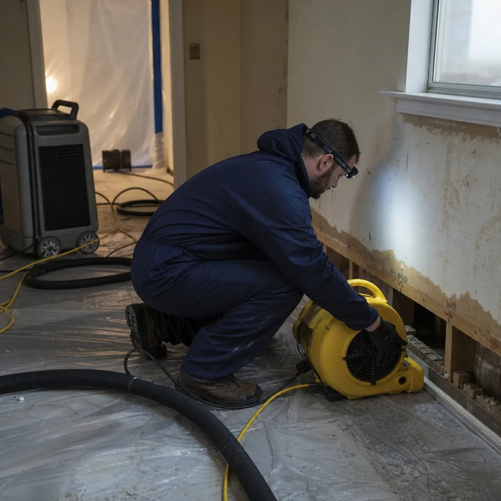 Technician using industrial air mover for professional water damage restoration